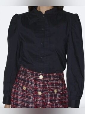 Walter Baker Mandarin Collar Cotton Blouse Button Down Black Small NWT $148